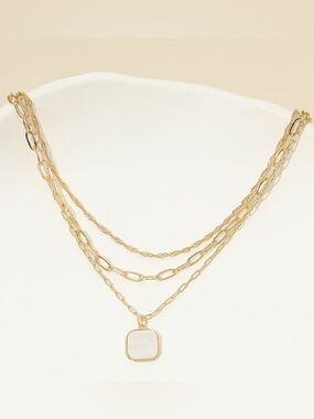 18K Gold Dipped Square Pendant Accent Mixed Paperclip Chain Layered Necklace